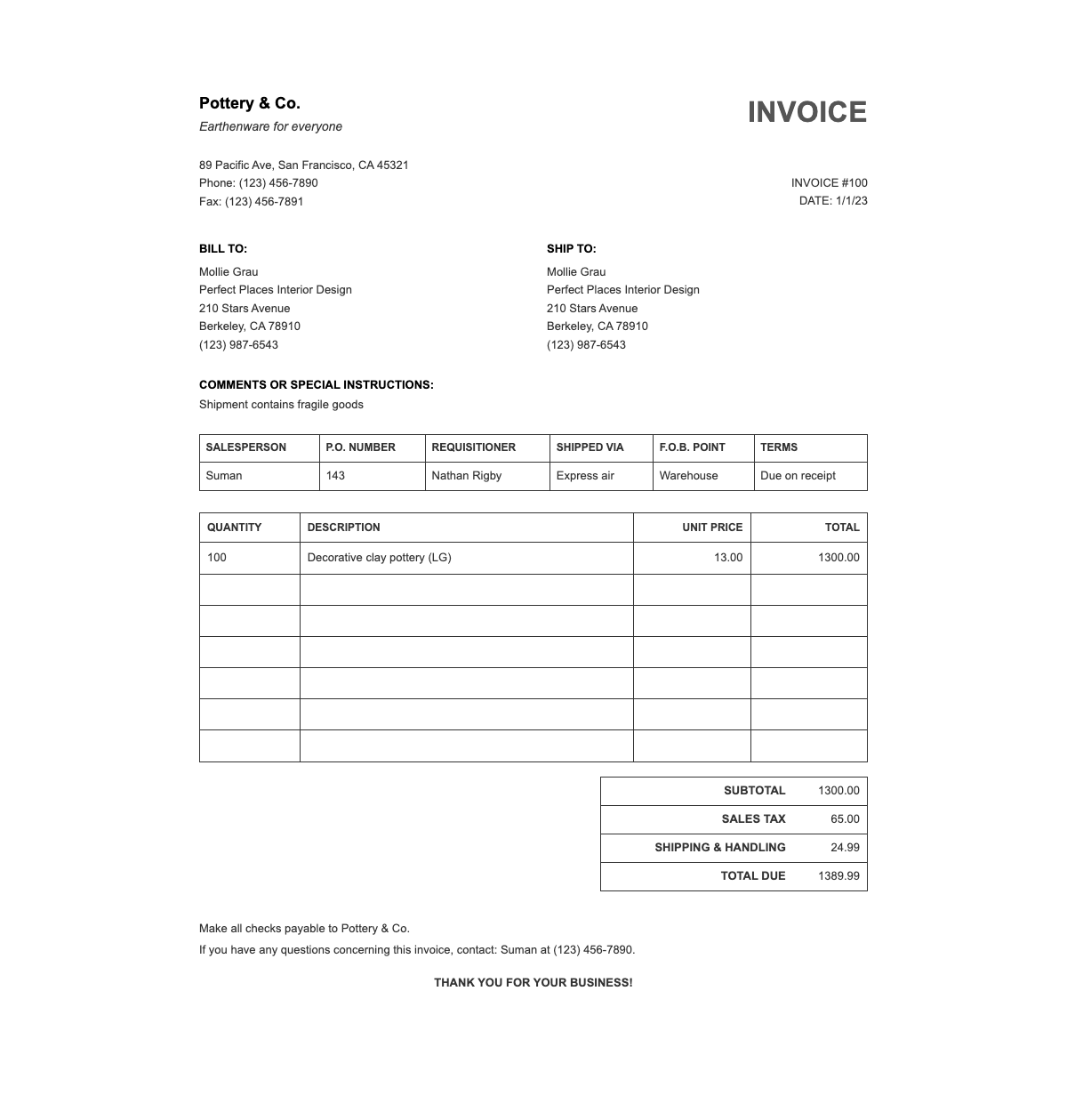 Simple sales invoice - Business invoice template for retail sales with itemized pricing and payment details.